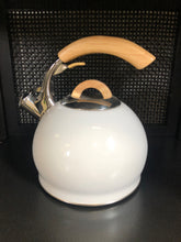 Load image into Gallery viewer, White tea kettle with wood handle and stainless steel