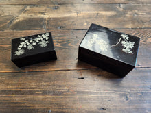 Load image into Gallery viewer, 2 Small Chinese Black Storage Boxes w/ Floral Design