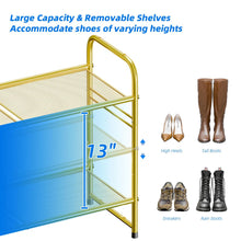 Load image into Gallery viewer, 32'' Wide 3-Tier Gold Metal Mesh Shoe Rack