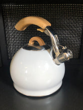 Load image into Gallery viewer, White tea kettle with wood handle and stainless steel
