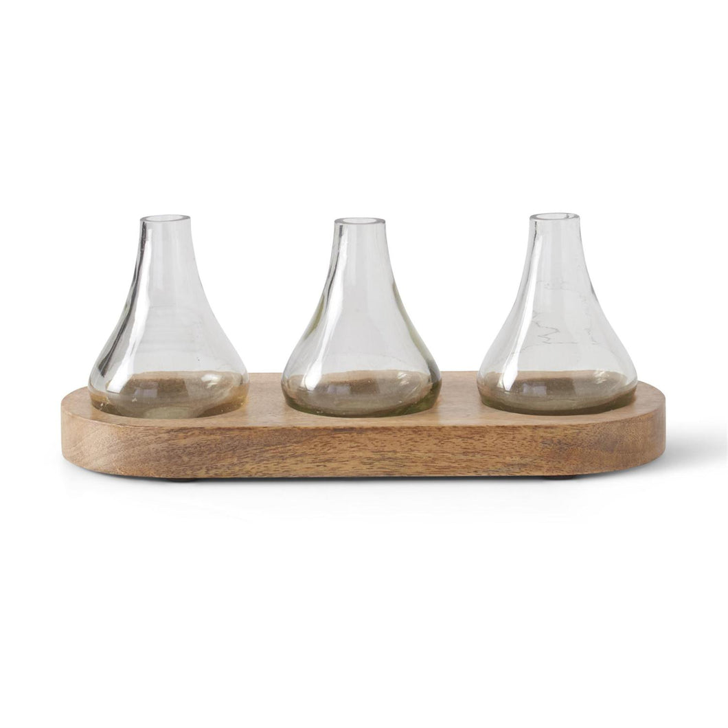 11.75 Inch Bud Glass Vases on Wood Tray
