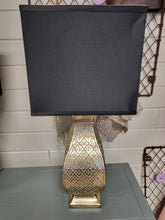 Load image into Gallery viewer, Gold Hammered Table Lamp w/ Black Shade – Vintage Style