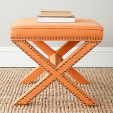 Load image into Gallery viewer, Orange Fabric Palmer Ottoman w/ Brass Nail Heads