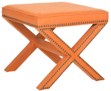 Load image into Gallery viewer, Orange Fabric Palmer Ottoman w/ Brass Nail Heads