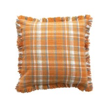 Load image into Gallery viewer, Orange Plaid Flannel Throw Pillow w/ Fringe
