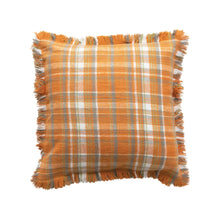 Load image into Gallery viewer, Orange Plaid Flannel Throw Pillow w/ Fringe