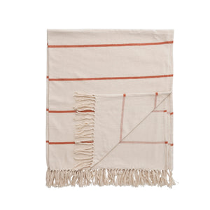 Cream and Red Striped Throw Blanket with Fringe