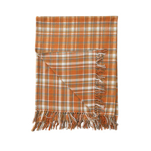 60"L x 50"W Orange Flannel Plaid Throw Blanket with Fringe