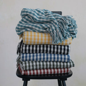 Blue Gingham/Checkered Woven Cotton Blend Throw Blanket