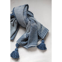 Load image into Gallery viewer, Blue Woven Throw Blanket with Aztec Pattern and Tassels