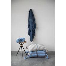 Load image into Gallery viewer, Blue Woven Throw with Stripes and Fringe