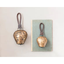 Load image into Gallery viewer, Metal Bell with Leather Hanger, Heavily Distressed Antique Brass Finish
