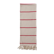 Load image into Gallery viewer, Cotton Flannel Table Runner with Stripes and Fringe, Cream and Red