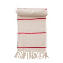 Load image into Gallery viewer, Cotton Flannel Table Runner with Stripes and Fringe, Cream and Red