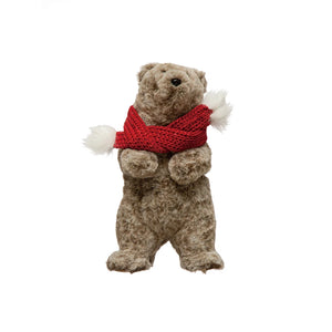 Faux Fur Standing Bear with Scarf, Grey, Red and White