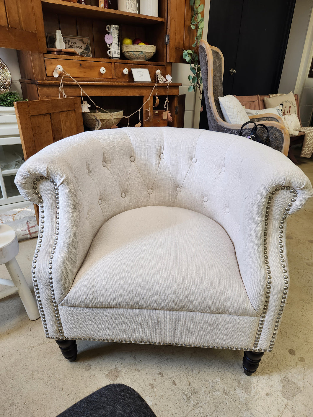 White Tufted Barrel Chair w/ Nailhead Accents