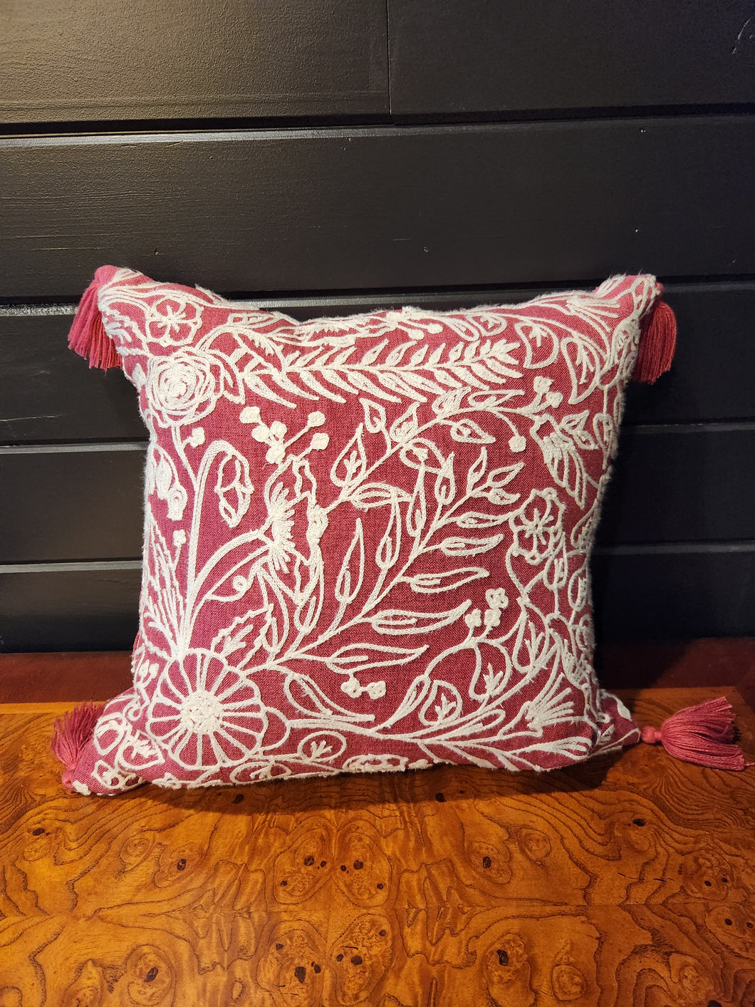 Pink Throw Pillow W/ Foliage Pattern and Tassels