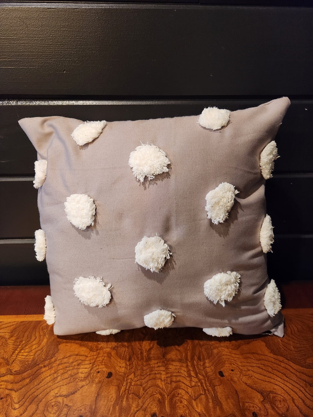 Gray Pillow w/ White Puff Balls