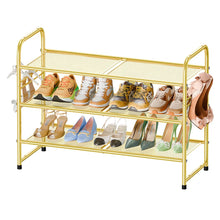 Load image into Gallery viewer, 32'' Wide 3-Tier Gold Metal Mesh Shoe Rack
