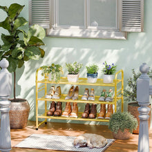 Load image into Gallery viewer, 32'' Wide 3-Tier Gold Metal Mesh Shoe Rack
