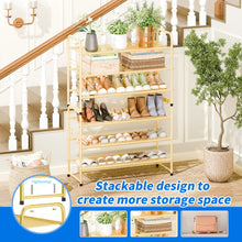 Load image into Gallery viewer, 32'' Wide 3-Tier Gold Metal Mesh Shoe Rack
