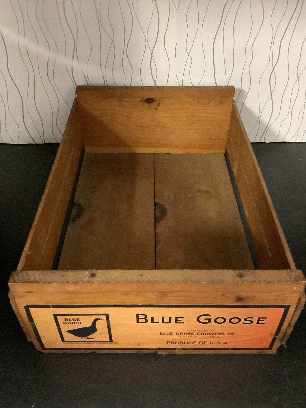 Vintage Blue Goose Wooden Crate