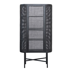 Oval Woven Cane & Beech Wood Cabinet w/ 3 Shelves, Black
