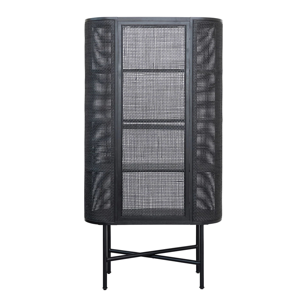 Oval Woven Cane & Beech Wood Cabinet w/ 3 Shelves, Black