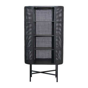 Oval Woven Cane & Beech Wood Cabinet w/ 3 Shelves, Black