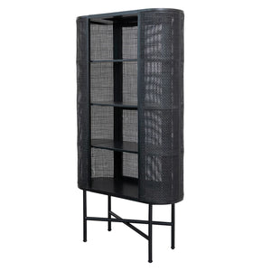 Oval Woven Cane & Beech Wood Cabinet w/ 3 Shelves, Black