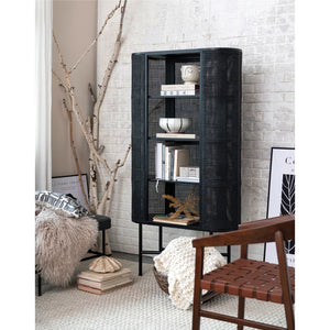 Oval Woven Cane & Beech Wood Cabinet w/ 3 Shelves, Black
