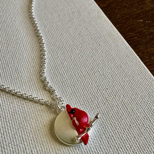 Cardinal Petite On Branch/ Disk Necklace