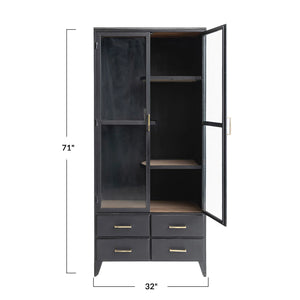 Acacia Wood & Metal Cabinet w/ 2 Glass Doors, 3 Swivel Shelves & 4 Drawers, Black