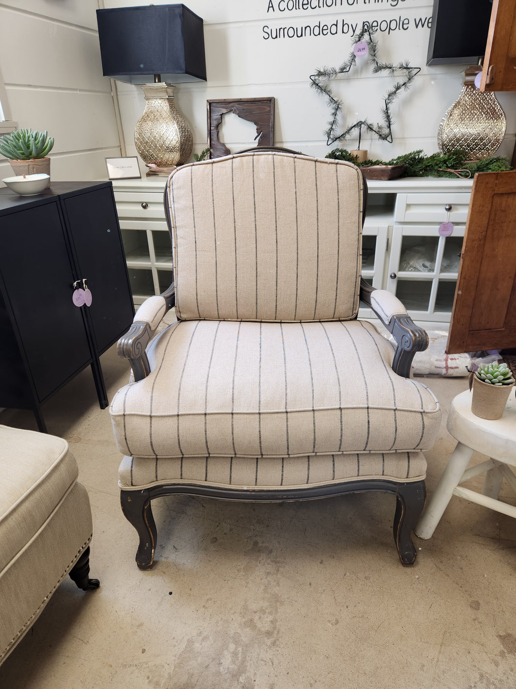 Wooden Armchair with Striped Cushions