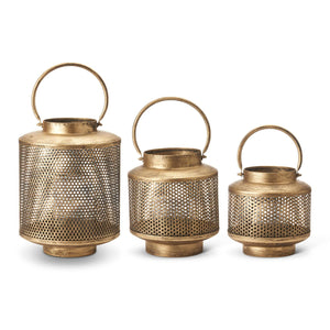 Gold Metal Mesh Lanterns w/Glass Hurricanes