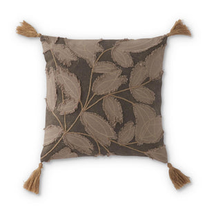 Gray Throw Pillow w/ Taupe Leaf Embroidered Applique & Tassels