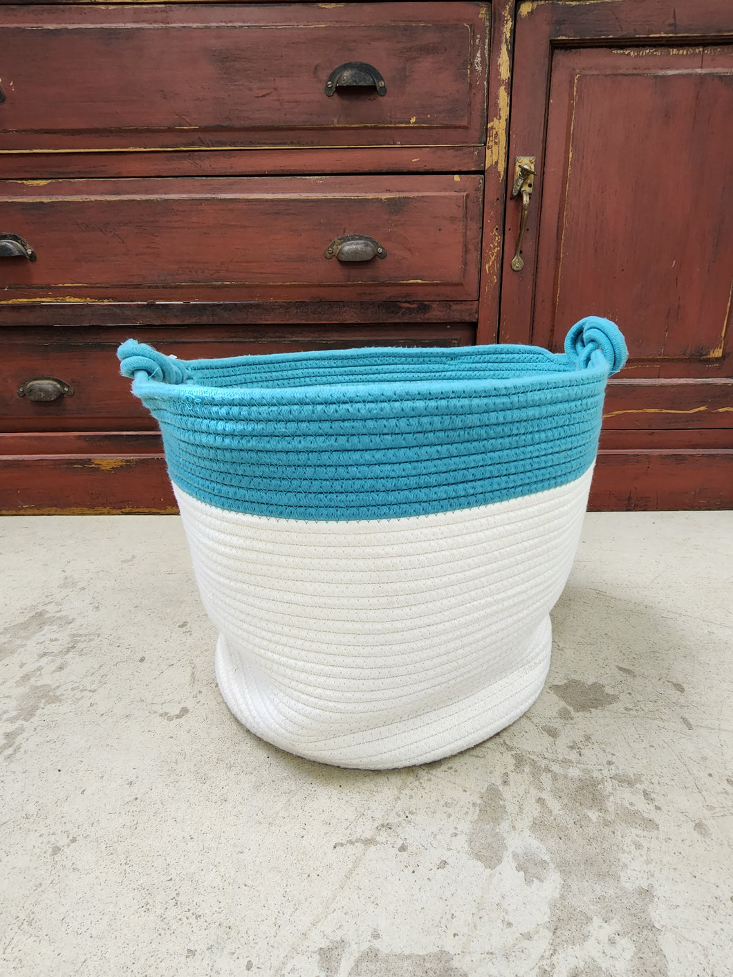Blue and White Fabric Floor Basket