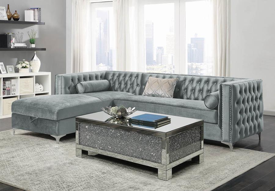 Silver Velvet Sectional w/ Storage Chaise