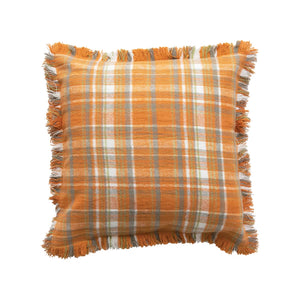 Orange Plaid Flannel Throw Pillow w/ Fringe