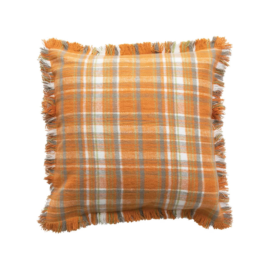 Orange Plaid Flannel Throw Pillow w/ Fringe