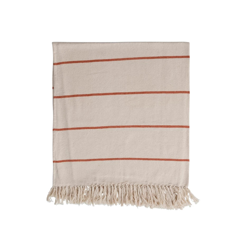 Cotton Flannel Striped Throw Blanket with Fringe, Cream and Rust Color