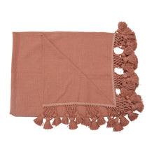 Load image into Gallery viewer, Coral Woven Cotton Slub Throw w/ Crochet &amp; Tassels
