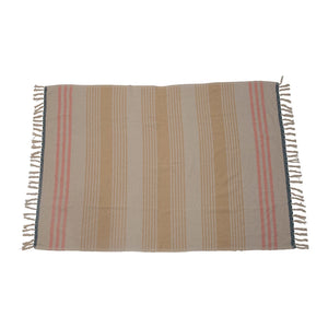Striped Woven Cotton Blend Throw Blanket with Fringe