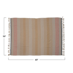 Striped Woven Cotton Blend Throw Blanket with Fringe