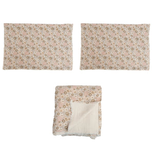 Floral Pattern King Cotton Double Cloth Bed Cover, Set of 3