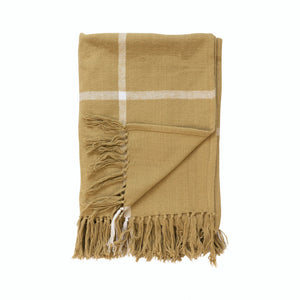 Cotton Flannel Throw Blanket with Grid Pattern and Fringe