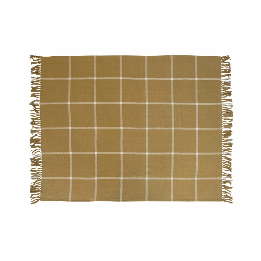 Cotton Flannel Throw Blanket with Grid Pattern and Fringe