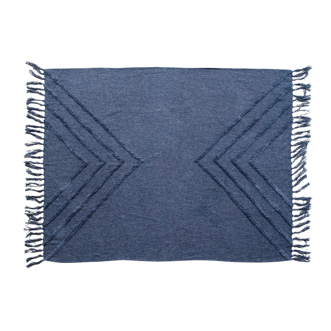 Slub Blue Throw Blanket with Tufted Chevron Pattern and Tassels