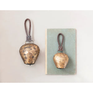 Metal Bell with Leather Hanger, Heavily Distressed Antique Brass Finish