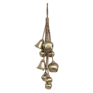 Metal Bell Cluster with Jute Rope, Antique Brass Finish